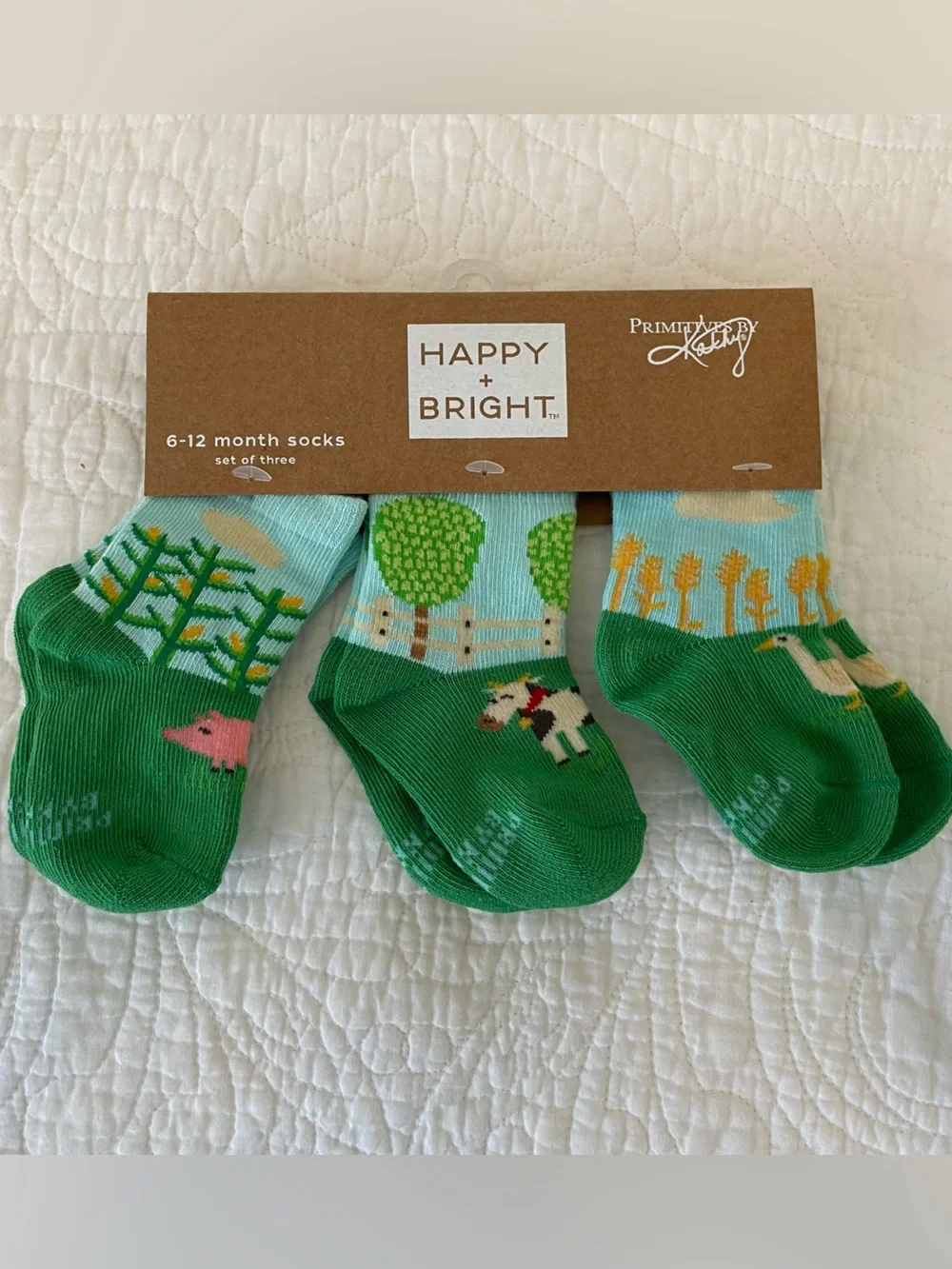 Happy + Bright Infant Farm Animal Socks - Green & Light Blue (6-12M)